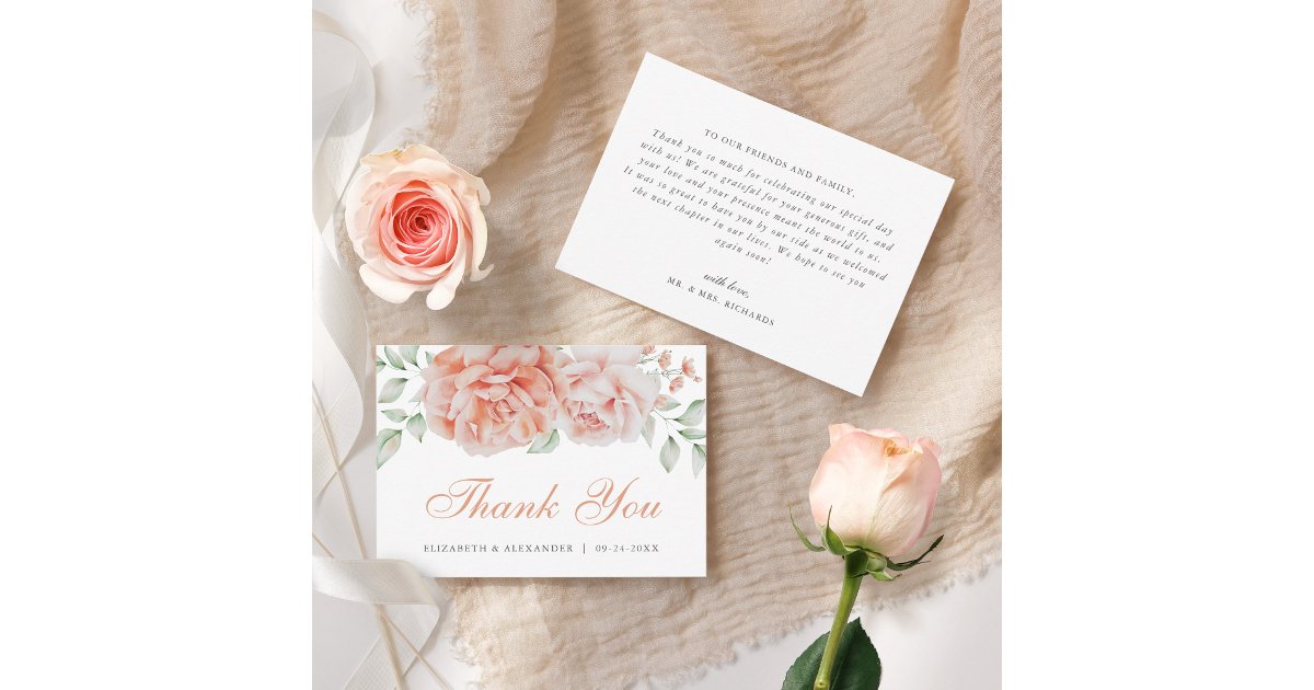 Watercolor Floral Pink Elegant Wedding Thank You Card | Zazzle