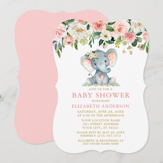 Watercolor Floral Pink Elephant Baby Shower Gold Invitation (Front/Back)
