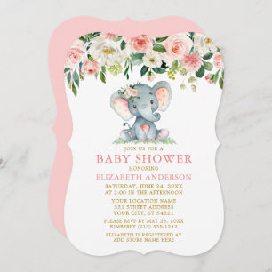 Watercolor Floral Pink Elephant Baby Shower Gold Invitation