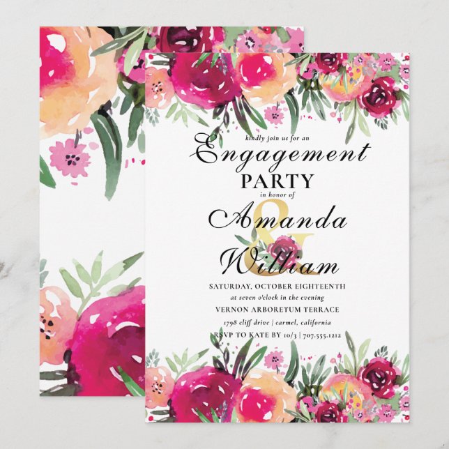 Watercolor Floral Pink Engagement Party Invitation (Front/Back)