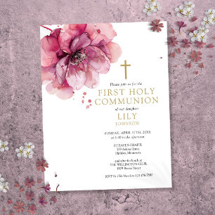Watercolor Floral Pink First Holy Communion Invite