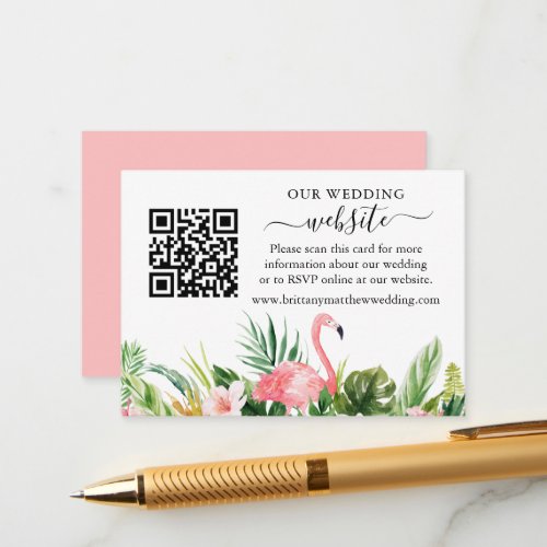 Watercolor Floral Pink Flamingo Wedding Website QR Enclosure Card