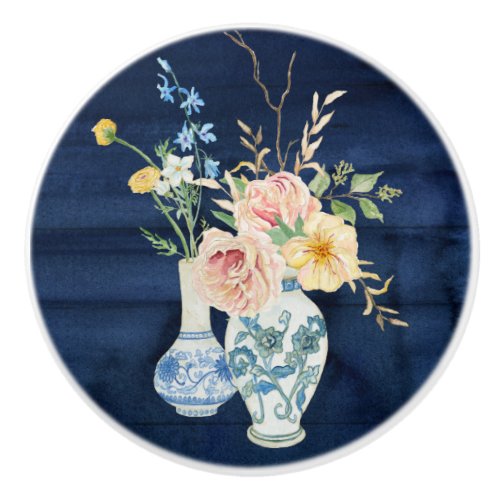 Watercolor Floral Pink Flower Vase Blue Wood  Ceramic Knob