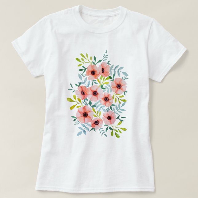 Watercolor Floral Pink Flowers Illustration T-Shirt (Design Front)