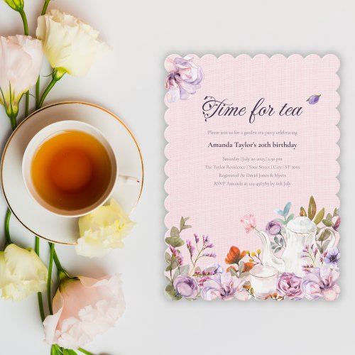 Watercolor Floral Pink Garden Tea Party Birthday Invitation