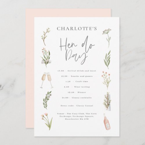 Watercolor floral pink girly hen do day itinerary