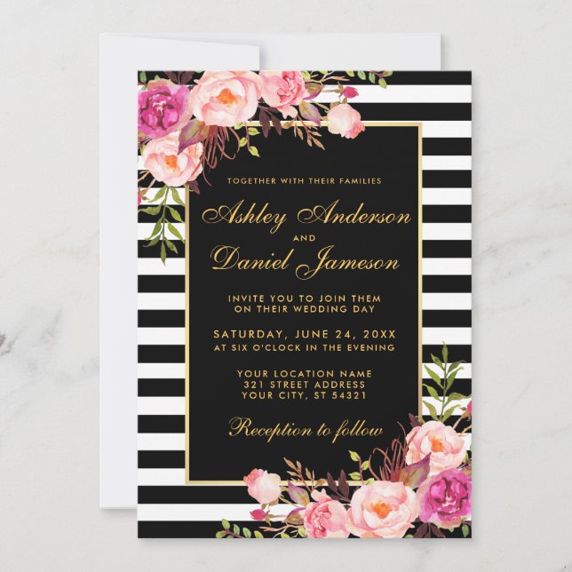 Watercolor Floral Pink Gold Black Striped Wedding Invitation (Front)