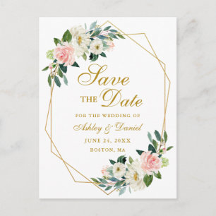 Watercolor Floral Pink Gold Frame Save the Date Announcement Postcard