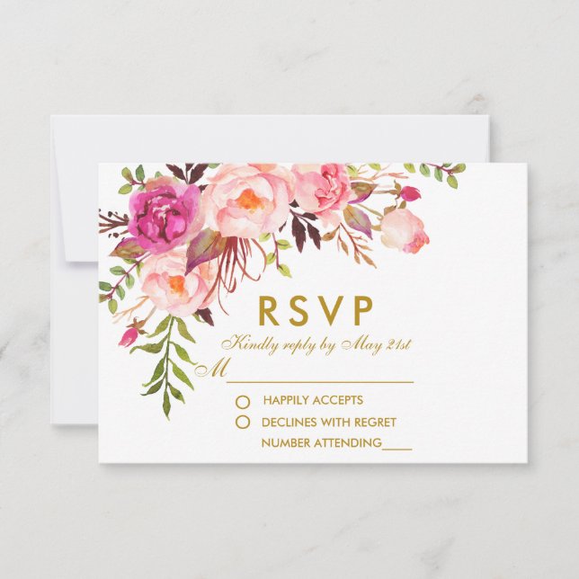 Watercolor Floral Pink Gold RSVP Wedding (Front)