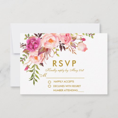 Watercolor Floral Pink Gold RSVP Wedding