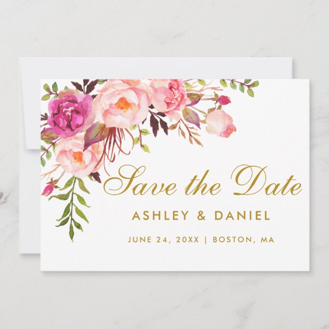 Watercolor Floral Pink Gold Save The Date (Front)