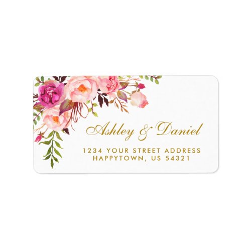 Watercolor Floral Pink Gold Wedding Address Label
