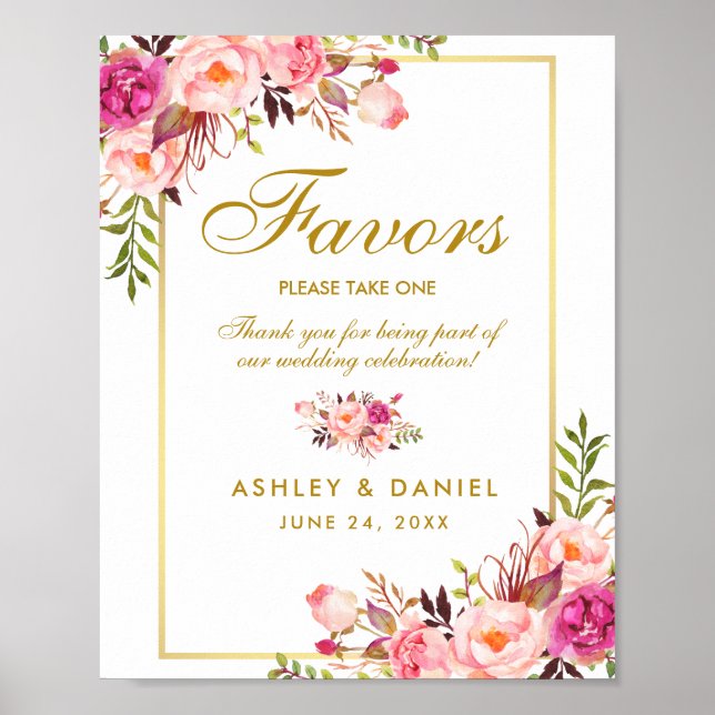 Watercolor Floral Pink Gold Wedding Favors Poster (Front)