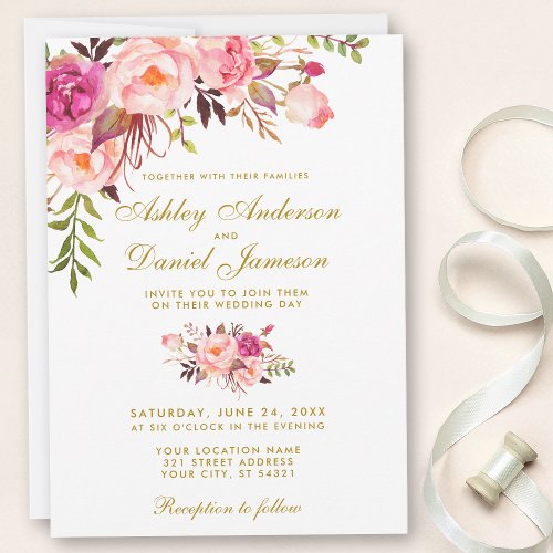 Watercolor Floral Pink Gold Wedding Invitation