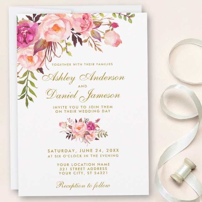 Watercolor Floral Pink Gold Wedding Invitation (Customize to change text size, color, text style or to add more text to back.)
