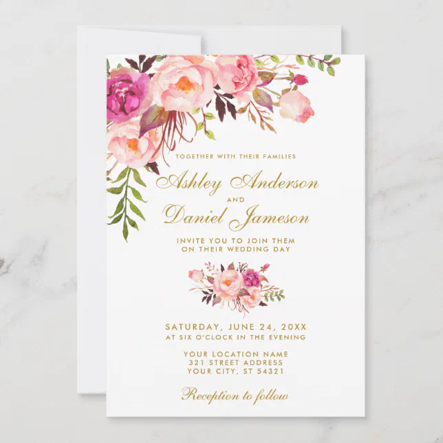 Watercolor Floral Pink Gold Wedding Invitation | Zazzle