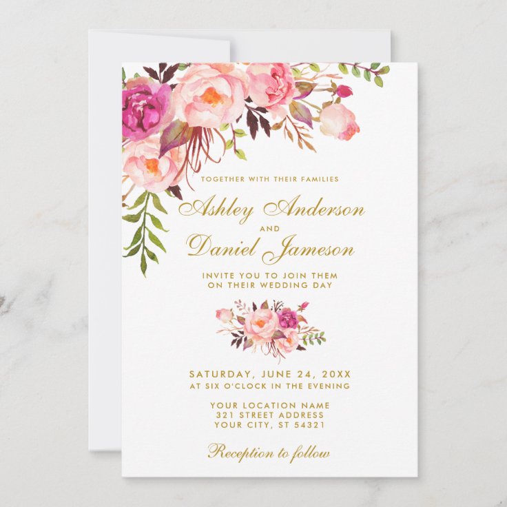 Watercolor Floral Pink Gold Wedding Invitation | Zazzle