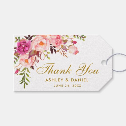 Watercolor Floral Pink Gold Wedding Thanks Gift Tags