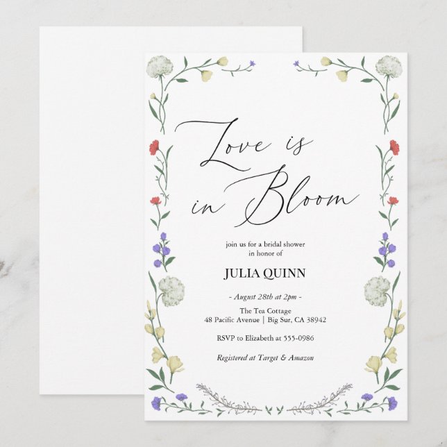 Watercolor Floral Pink Green Bridal Shower Invitation (Front/Back)