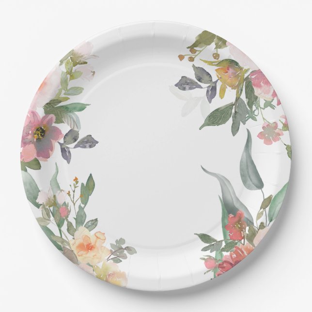 Watercolor Floral Pink Green Bridal Shower Paper Plates (Front)