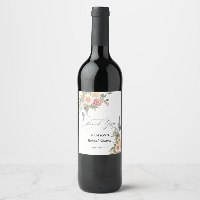 Watercolor Floral Pink Green Bridal Shower Wine Label (Front)