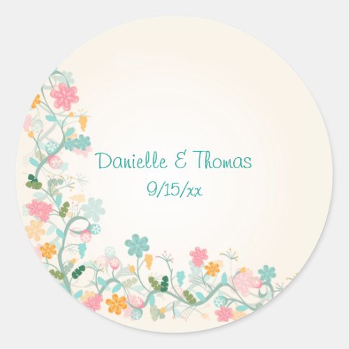 Watercolor Floral Pink Green Turquoise Wedding Classic Round Sticker