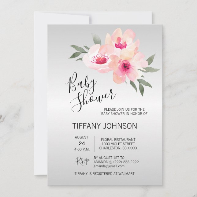 Watercolor Floral Pink Grey Flowers Baby Shower Invitation (Front)