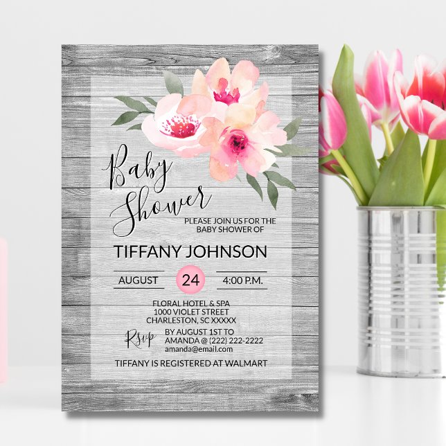 Watercolor Floral Pink Grey Rustic Baby Shower Invitation (Creator Uploaded)