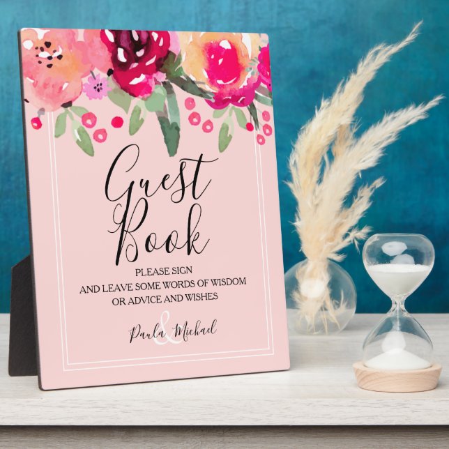 Watercolor Floral Pink Guest Book Sign Plaque (Side)