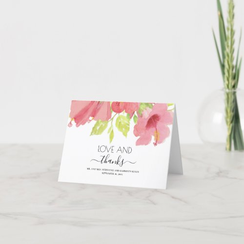 Watercolor Floral Pink Hibiscus Wedding Thank You Card