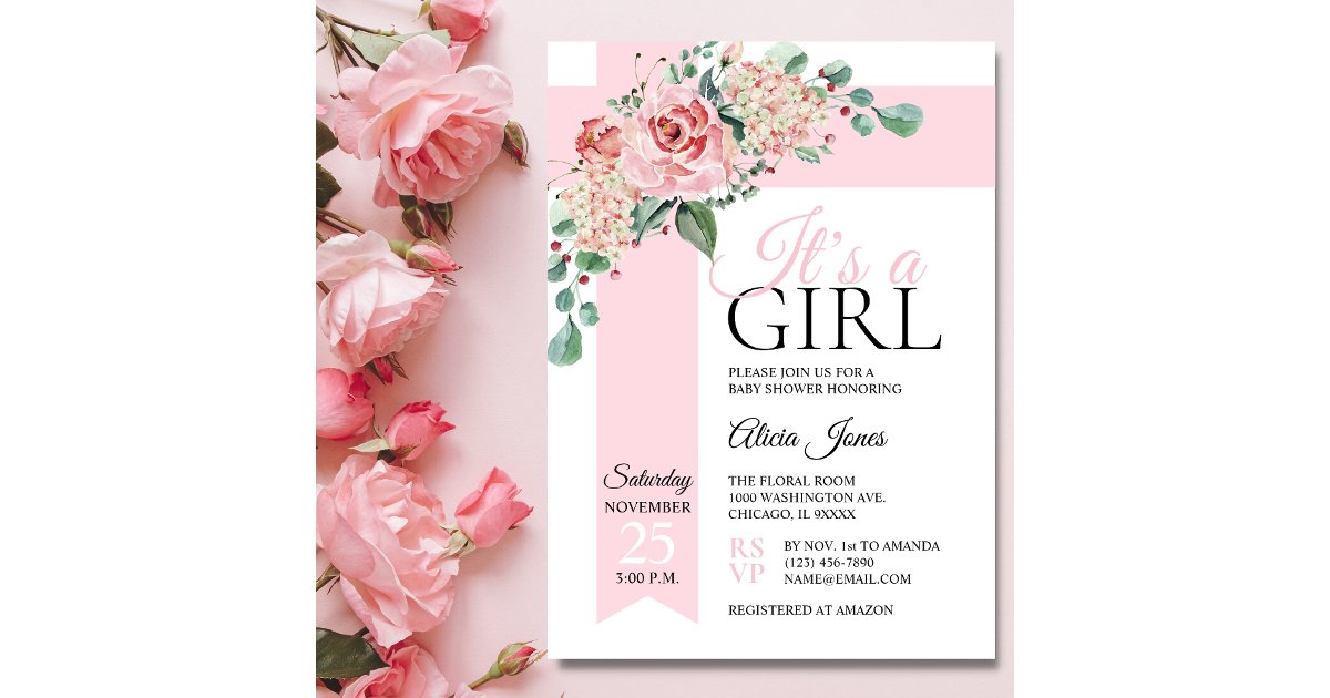 Watercolor Floral Pink It's a Girl BABY SHOWER Invitation | Zazzle