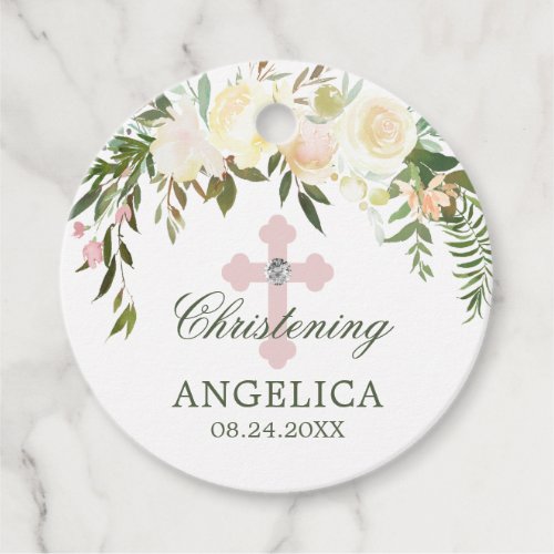 Watercolor Floral Pink Ivory Baptism Christening Favor Tags