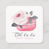 Watercolor Floral Pink Macaron Bakery & Sweets Square Business Card (Front)