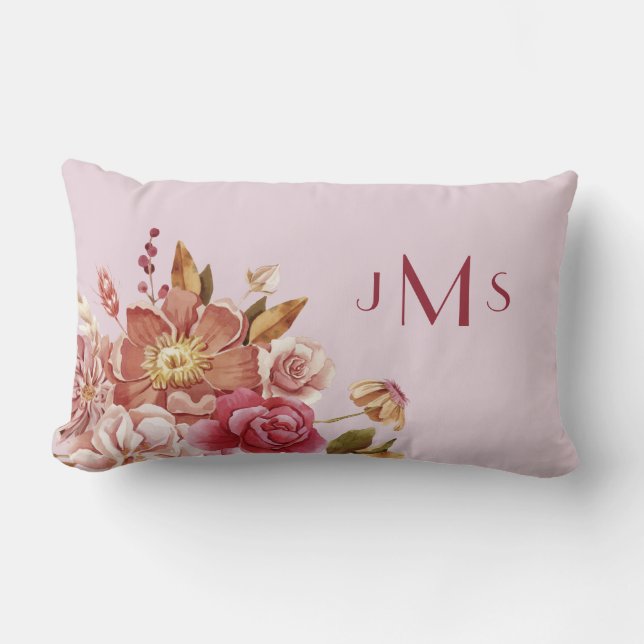 Watercolor Floral Pink Monogram Lumbar Pillow (Front)