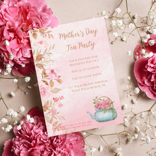 Watercolor Floral Pink Mothers Day Tea Party  Invitation