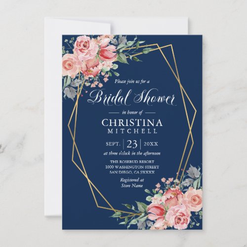 Watercolor Floral Pink Navy Blue Bridal Shower Invitation