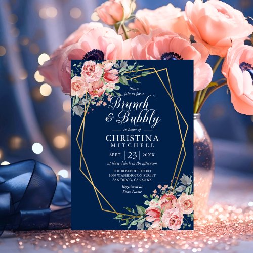 Watercolor Floral Pink Navy Blue Brunch Bubbly Invitation