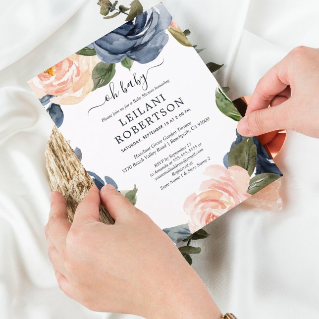 Watercolor Floral Pink Navy Oh Baby Shower Invitation (Creator Uploaded)