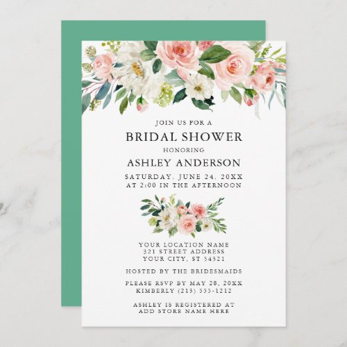 Watercolor Floral Pink Neo Mint Bridal Shower Invitation