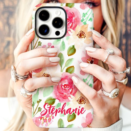 Custom Phone Cases 5 Watercolor Floral Pink Peach Custom Name Iphone 16 Pro Case