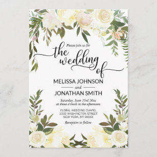 Watercolor Floral Pink Peach Ivory Gold Wedding Invitation