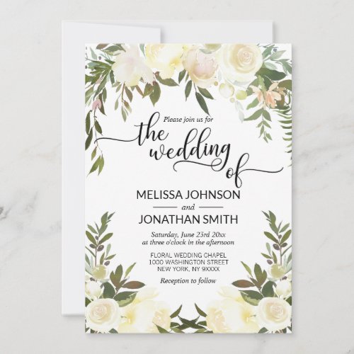 Watercolor Floral Pink Peach Ivory Gold Wedding Invitation