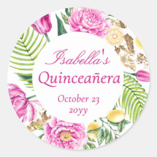 Watercolor Floral Pink Peonies Lemons Quinceañera Classic Round Sticker