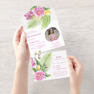 Watercolor Floral Pink Peonies Photo Quinceañera All In One Invitation