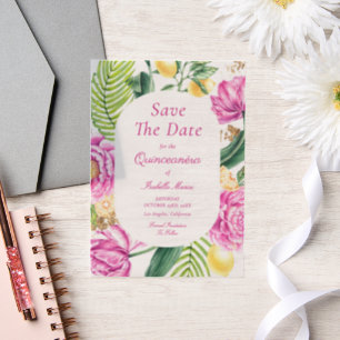 Watercolor Floral Pink Peonies Tulips Quinceañera Vellum Invitations