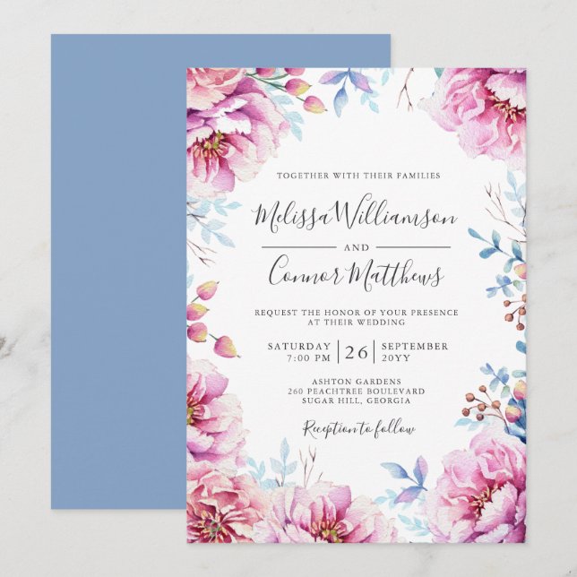 Watercolor Floral Pink Peonies Wedding Invitation (Front/Back)