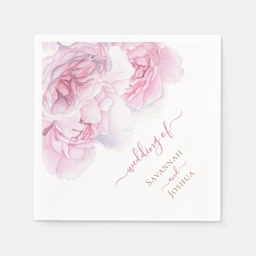 Watercolor floral pink peony flowers name napkins