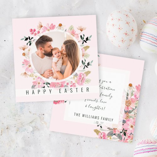 Watercolor Floral Pink Personalized Photo Easter Holiday Card