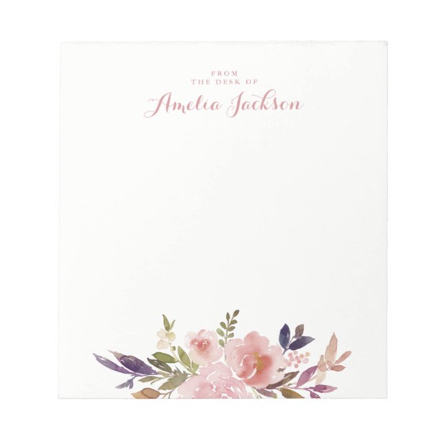 Watercolor Floral Pink Personalized Stationery Notepad (Front)