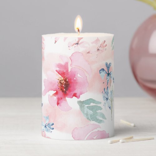 Watercolor Floral Pink Pillar Candle